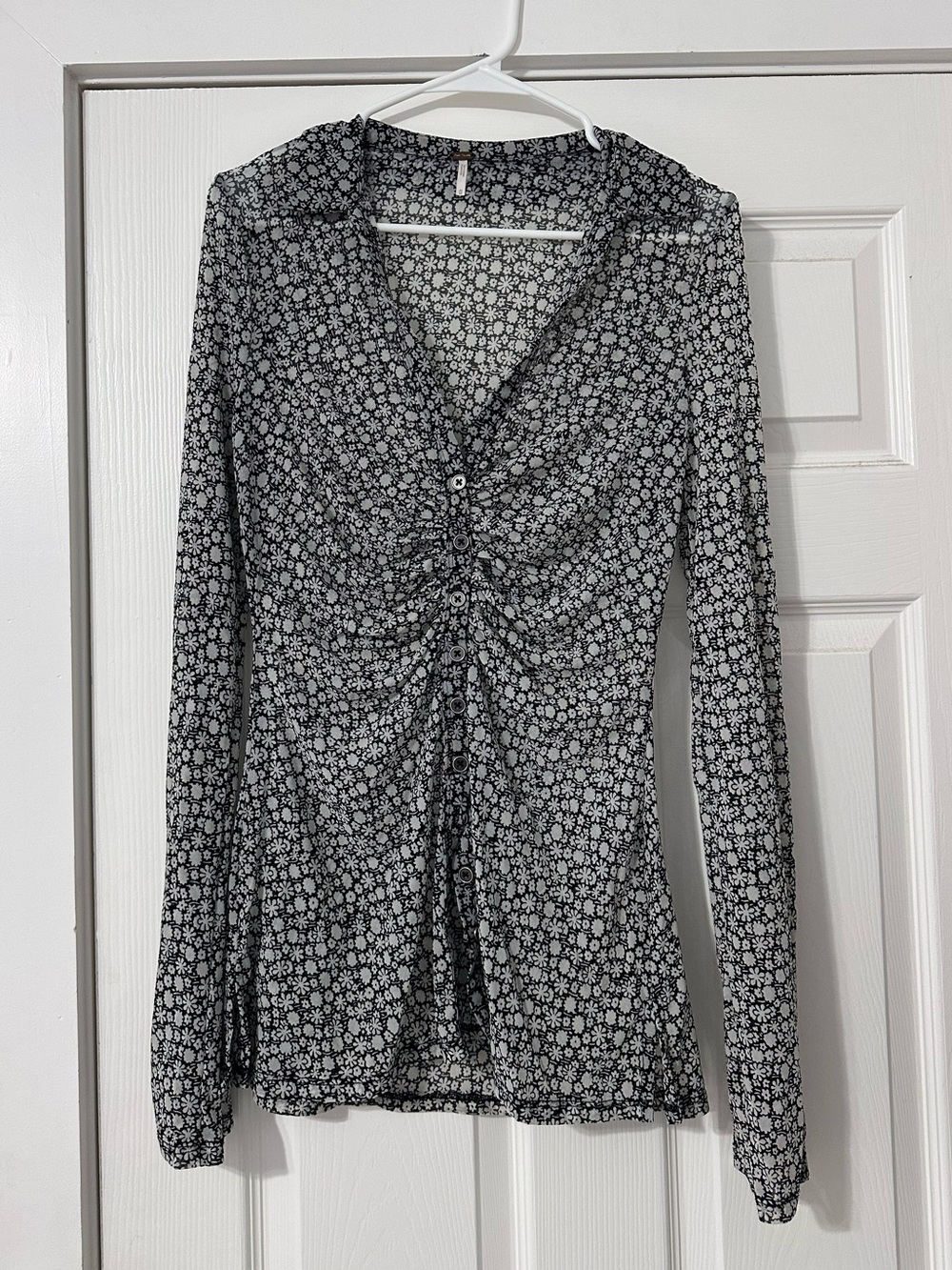 Free People Black and White Floral Button-Front Ruched Top